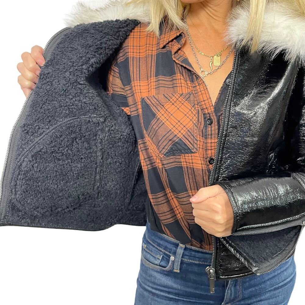 NWOT - Unreal Fur Aviator Wet Look Jacket - Picture 6 of 8